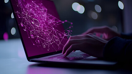 Poster - Digital workspace, an individual engaged with a laptop amidst an array of floating digital elements, embodying modern technology and creativity.