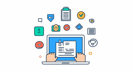 Poster - Focused individual engaged with a laptop, surrounded by an array of documents, embodying a productive work environment.