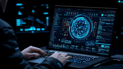 Poster - Tech-savvy individual immersed in data analysis, vibrant workspace filled with digital tools, concentration evident on their face.