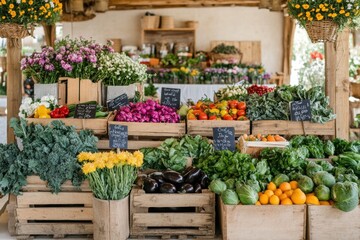Aufkleber - Fresh produce variety at a vibrant farmers market showcasing colorful fruits and vegetables in a rustic setting. Generative AI