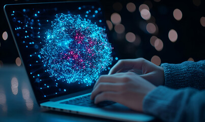 Poster - Tech-savvy individual engaged in focused work on a laptop, surrounded by digital security elements, vibrant workspace atmosphere.