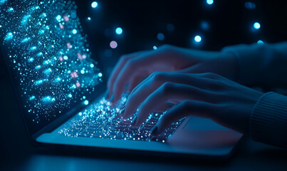Poster - Focused individual typing on a laptop, digital overlay of data and graphics enhancing the workspace atmosphere, modern and dynamic environment.