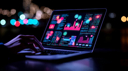 Poster - Tech-savvy professional analyzing data trends on a laptop, vibrant graphs displayed on screen, modern workspace ambiance, focused and engaged demeanor