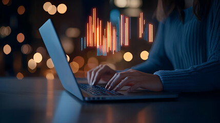 Poster - Tech-savvy professional engaged in data analysis, vibrant graphs and charts on screen, modern workspace, focused expression, creative environment
