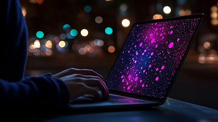 Poster - Digital Workspace, a person engaged with a laptop, analyzing data visualizations, immersed in a modern office environment, focused and productive