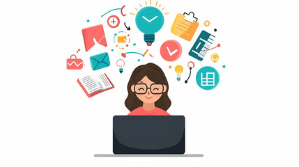 Poster - E-learning in Action, A focused individual engages with a laptop, surrounded by digital learning icons, embodying modern education dynamics.