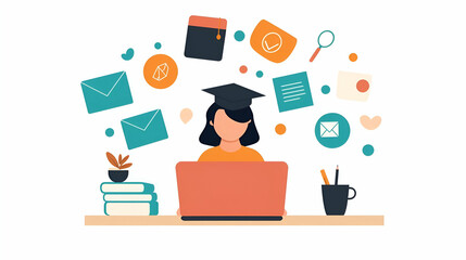 Poster - Remote learning, individual engaged with a laptop, e-learning icons displayed, focused environment, modern workspace, digital education tools