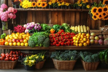 Aufkleber - Fresh fruits and vegetables displayed in a vibrant market with colorful flowers in baskets. Generative AI