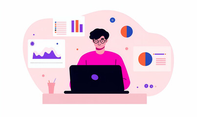 Poster - Data Analyst at Work, a focused individual analyzes data on a laptop, surrounded by charts and graphs in a modern office environment.