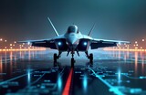 Military jet fighter rests on runway. Tech enhanced aircraft features holographic displays. Futuristic tech design. Advanced aviation tech. Modern military jet. Night runway. Vivid city lights