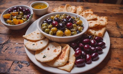 Poster - Plate of food with a variety of fruits and bread. The plate is on a wooden table
