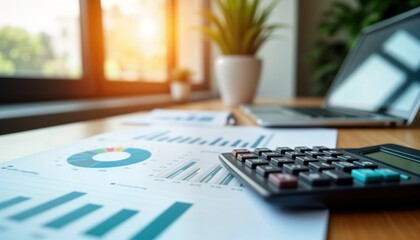 Aufkleber - Modern office workplace displays financial statement documents, analysis charts. Calculator sits near financial reports on light-colored table. Laptop visible nearby. Pro business scene shows