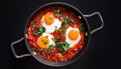 Poster - Shakshuka eggs in a pan on a black background