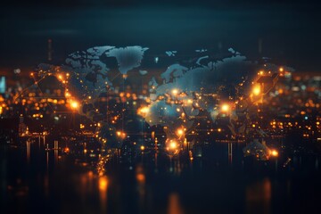 Leinwandbilder - Visual representation of interconnected global network with glowing nodes over cityscape at night. Generative AI