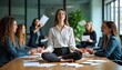 © miss irine - Businesswoman meditates in lotus position on table during stressful meeting. Colleagues argue, throw papers around. Leader maintains calm amid chaos. Office environment. Conflict resolution. Stress