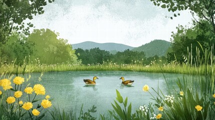 Leinwandbilder - Ducks swim peacefully in a serene pond surrounded by lush greenery and mountains under a cloudy sky. Generative AI
