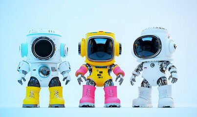 Poster - Colorful Boots on Animated Robots, four lively robots adorned with vibrant boots, showcasing a playful blend of technology and fashion.