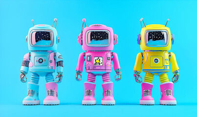 Poster - Colorful Boots on Animated Robots, four lively robots showcase vibrant footwear, exuding personality and charm in a futuristic setting.