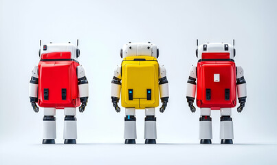 Poster - Diverse robots showcasing unique backpacks, vibrant colors, intricate designs, futuristic setting, emphasizing individuality and creativity.