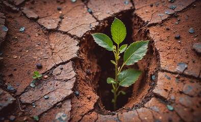 Poster - Small green plant is growing out of a hole in the ground. The hole is surrounded by dirt and rocks, and the plant is the only sign of life in the area. Concept of resilience and hope