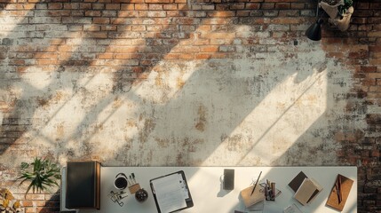 Wall Mural - Sunlit Brick Wall Workspace Overhead