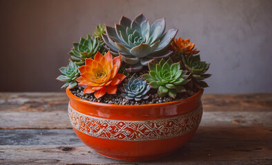 Poster - Colorful arrangement of succulents in a red bowl. The bowl is placed on a wooden table
