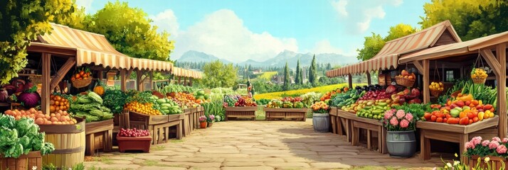 Aufkleber - Colorful farmers market with fresh produce surrounded by scenic countryside and mountains on a sunny day. Generative AI