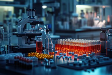 Aufkleber - Laboratory setting showcasing various test tubes, vials, and equipment during a research session in a modern facility. Generative AI