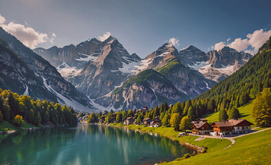 Poster - Beautiful mountain landscape with a river running through it. The mountains are covered in snow and the river is calm and clear. The scene is peaceful and serene, with a sense of tranquility and