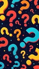 Poster - Colorful question marks fill dark background in vibrant pattern. Abstract puzzle design features overlapping question marks in red yellow, blue. Modern trivia art style illustration evokes curiosity,