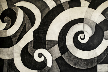 Aufkleber - Black and white abstract geometric art with swirling patterns and dynamic lines