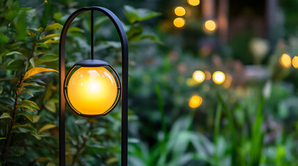 Poster - Decorative garden lamp glowing in the evening with soft bokeh lights in the background