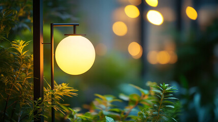 Poster - Elegant outdoor lamp glowing in the evening, surrounded by lush greenery and bokeh lights