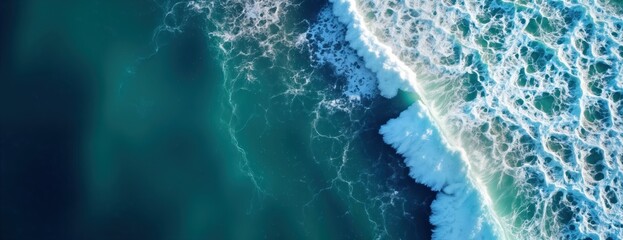 Poster - Ocean waves crash on turquoise water. Powerful sea water surface. Abstract pattern of blue water. Beautiful natural textures. Sunlight reflects on water. Aquatic summer scene. Light, colours.