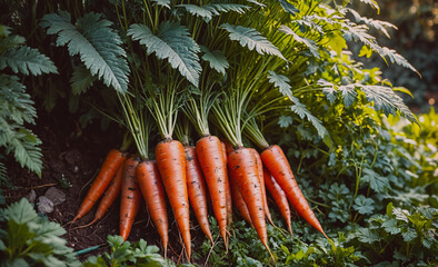 Poster - Bunch of carrots are growing in a garden. The carrots are orange and are growing in the dirt