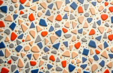 Poster - Close-up view of colorful terrazzo surface. Geometric shapes in orange blue beige, grey create abstract pattern. Stylish mosaic design. Trendy interior decor. Unique surface texture. Eye-catching
