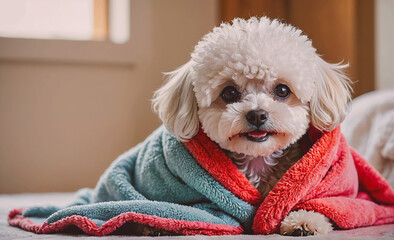 Poster - White dog is wrapped in a blue and red blanket. The dog is looking at the camera with its tongue out