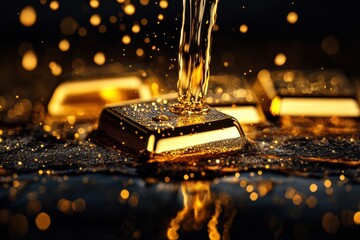 Poster - Rich liquid gold pouring over gleaming bars in dark setting with sparkling droplets and golden reflections. Generative AI