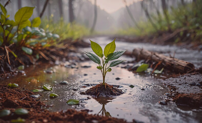 Poster - Small plant is growing in a puddle of water. The plant is surrounded by mud and rocks. The scene is peaceful and serene, with the plant standing out as a symbol of hope and growth