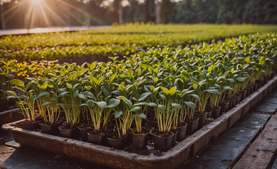 Poster - Row of plants are in a tray with a black plastic container. The plants are green and are growing in the tray