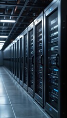 Poster - Rows of server racks fill data center. Modern tech equipment. Secure server room. Network infrastructure. Communication hub. Futuristic tech center. Advanced web hosting. Powerful computer system.