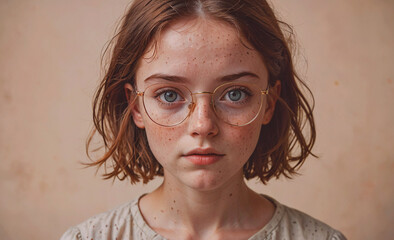 Wall Mural - Young girl with glasses and a blue eye. She has a light brown hair and a light brown shirt