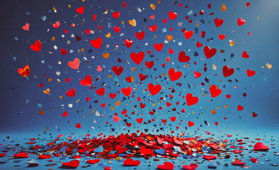 Poster - Blue background with a lot of red hearts scattered all over it. The hearts are of different sizes and colors, creating a sense of chaos and excitement. The image conveys a feeling of love and