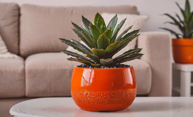 Poster - Large plant in a red pot sits on a table in a living room. The plant is a cactus and is surrounded by a white table. The living room has a couch and a chair