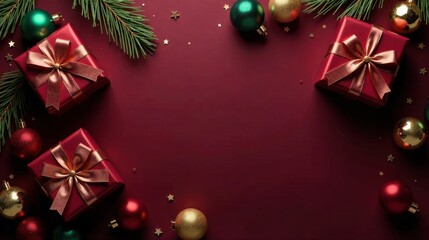 Wall Mural - A Festive Holiday Background Featuring Elegant Red Gifts, Sparkling Ornaments, and Evergreen Branches on a Deep Burgundy Surface