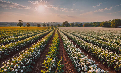 Poster - Field of white flowers with a bright sun in the background. The sun is shining brightly on the field, making the flowers look even more vibrant. The scene is peaceful and serene, with the sun casting