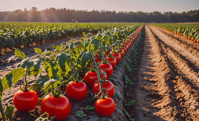 Wall Mural - Row of red tomatoes are growing in a field. The field is surrounded by dirt and the tomatoes are in various stages of growth