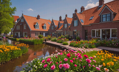 Aufkleber - Row of houses with a garden in front of them. The houses are red and brown. The garden is full of flowers and plants