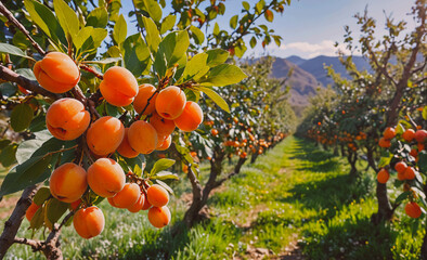 Poster - Row of orange trees with fruit hanging from the branches. The trees are in a field with a green grassy area in between