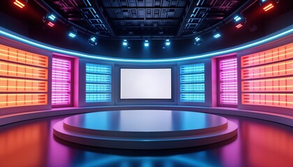 Aufkleber - Empty studio setup with bright neon lighting. Modern virtual set design. Round platform perfect for chroma footage. Ideal for news studio virtual presentations. Vibrant colors create dynamic mood.